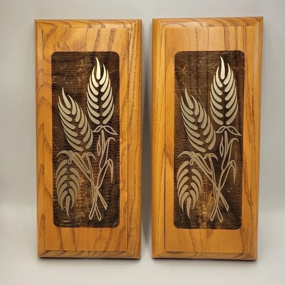 Vtg Wooden Wheat Botanical Wall Plaques - set of 2